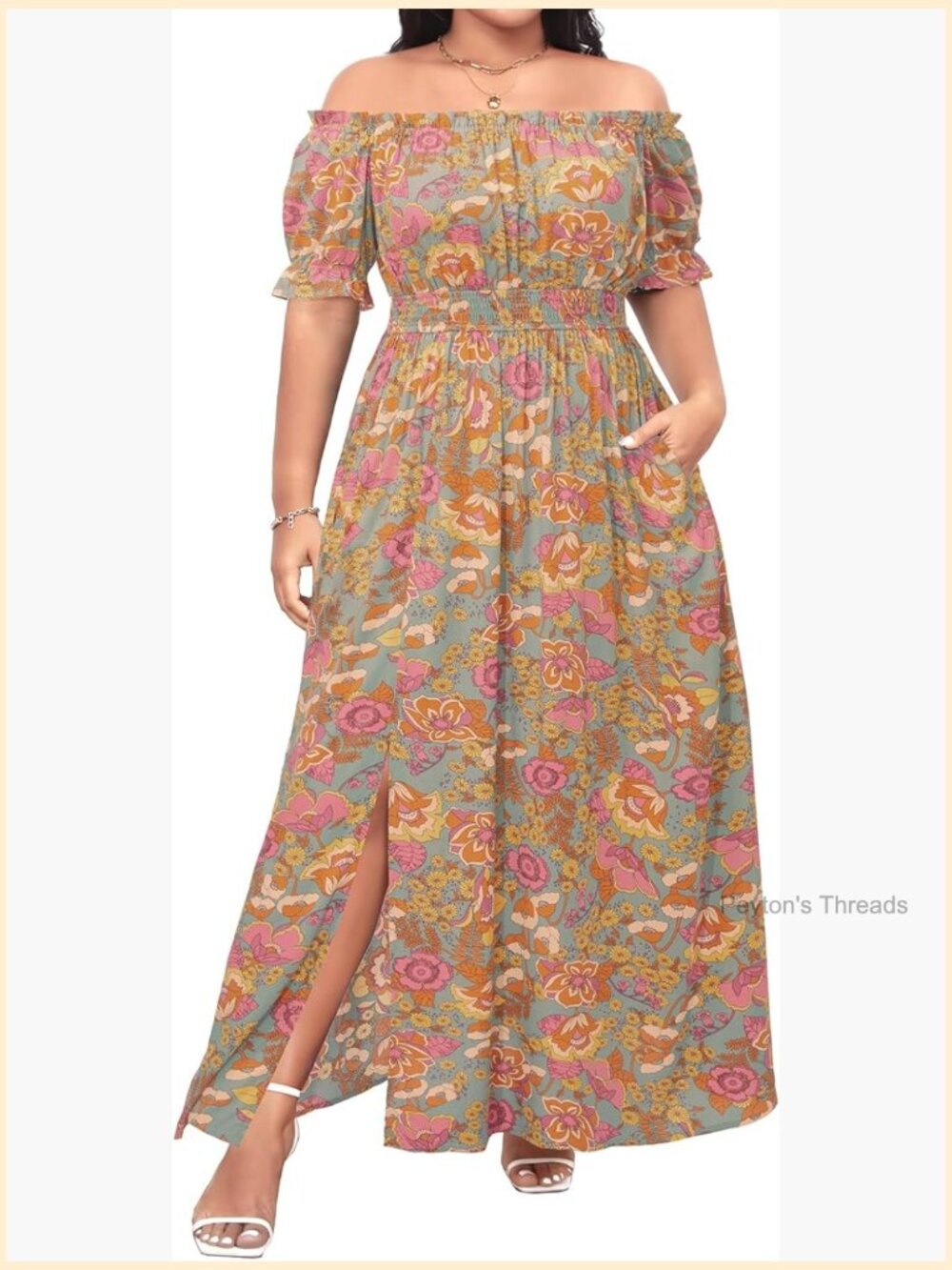 Off The Shoulder Boho Maxi Dress Plus Size Smocked Waist Split Pockets